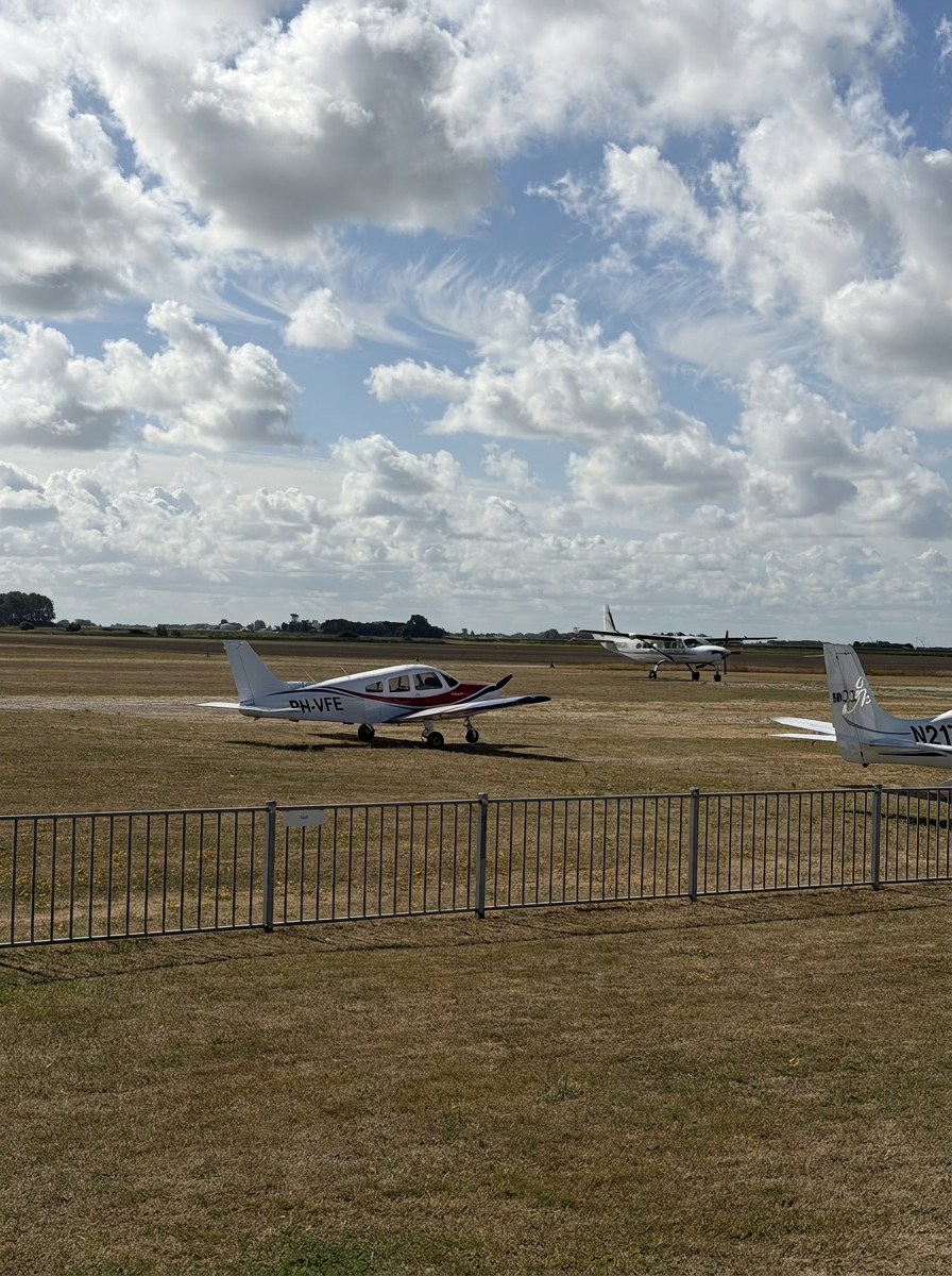De PH-VFE geparkeerd op het grasveld van vliegveld Texel na een rondvlucht over de Waddenzee en de Afsluitdijk